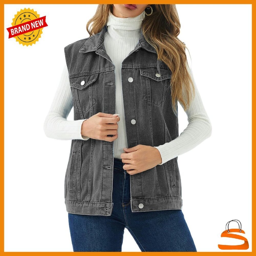 Oversized Denim Vest with Pockets, Button Closure, Lapel Collar